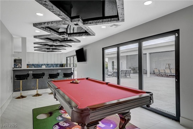 recreation room featuring recessed lighting, coffered ceiling, billiards table, and tile patterned floors