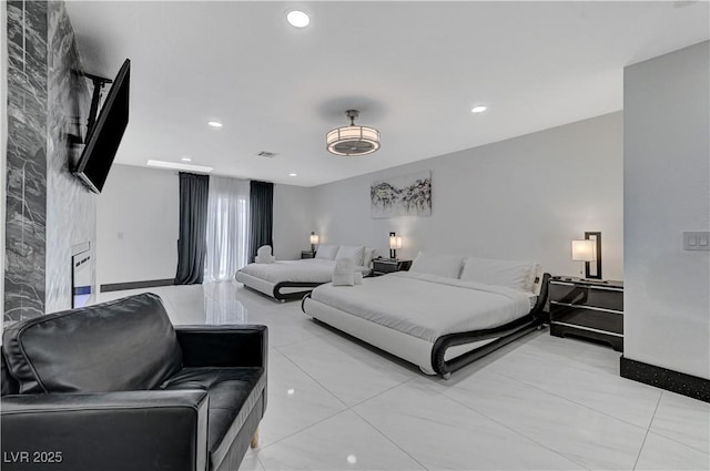 bedroom with light tile patterned flooring and recessed lighting