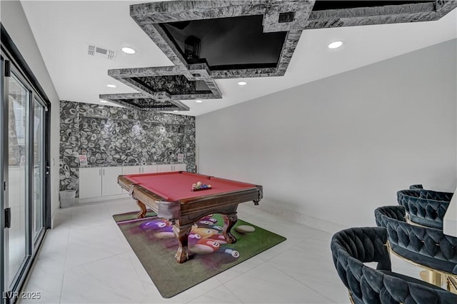 recreation room with billiards table, recessed lighting, an accent wall, and baseboards