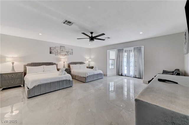 bedroom with light marble finish floors, a ceiling fan, and recessed lighting