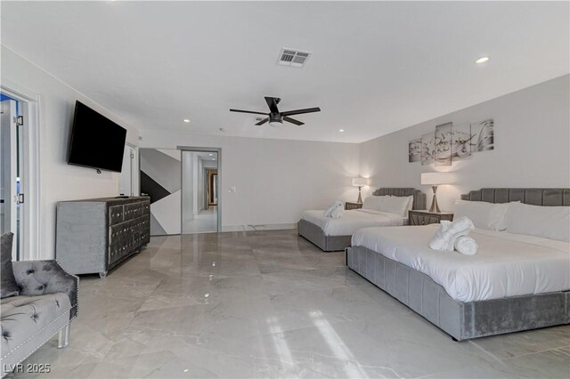 bedroom featuring light marble finish flooring, a ceiling fan, and recessed lighting