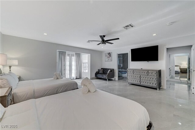bedroom with marble tiled flooring, a ceiling fan, and recessed lighting