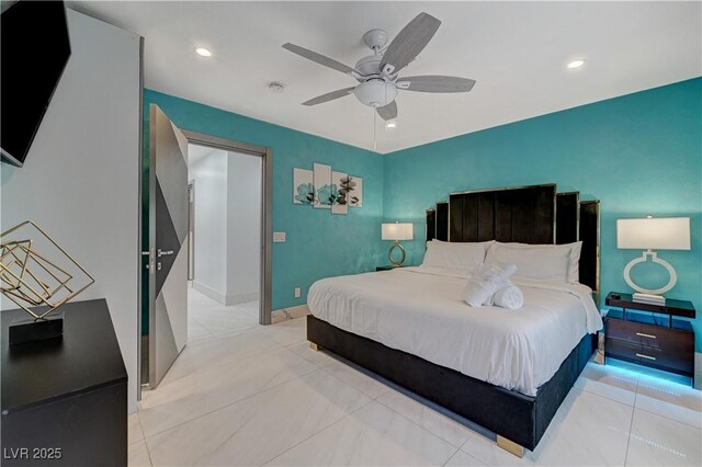 bedroom with recessed lighting, baseboards, ceiling fan, and light tile patterned floors