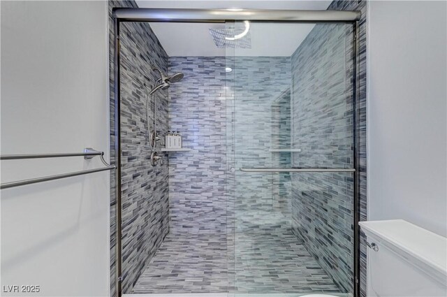 full bathroom with toilet and a stall shower