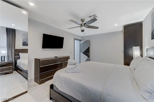 bedroom with light tile patterned flooring, recessed lighting, and ceiling fan