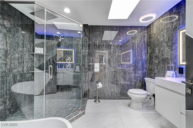 bathroom featuring tile walls, vanity, toilet, and a stall shower