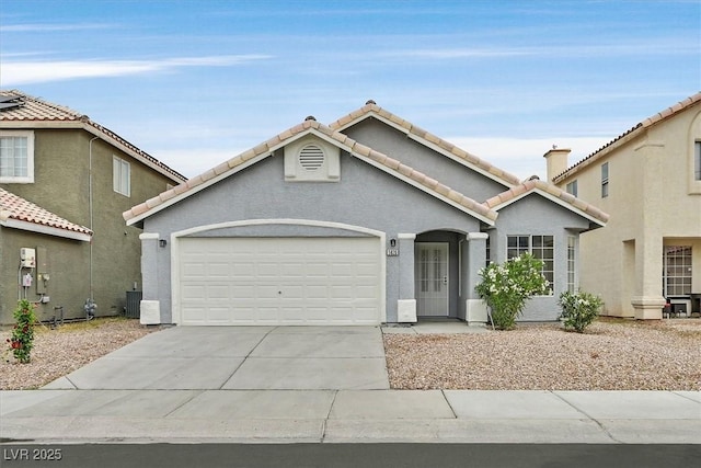 5820 Royal Castle Ln, Las Vegas, NV 89130 - view of front of property with a garage, cooling unit, stucco siding, a tile roof, and driveway