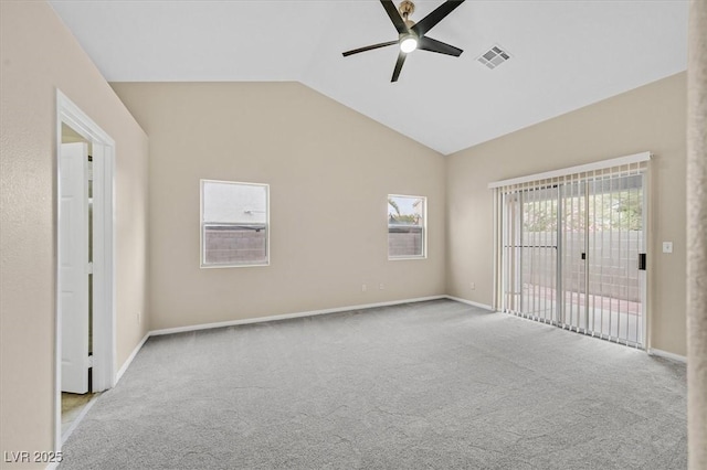 5820 Royal Castle Ln, Las Vegas, NV 89130 - carpeted empty room featuring visible vents, baseboards, lofted ceiling, and ceiling fan
