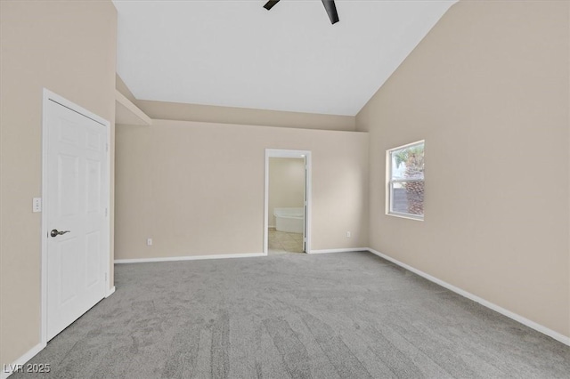 5820 Royal Castle Ln, Las Vegas, NV 89130 - spare room with baseboards, ceiling fan, high vaulted ceiling, and carpet