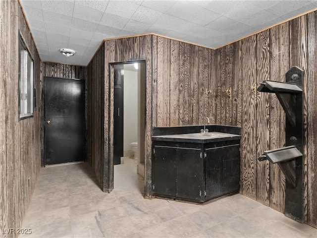 bathroom with toilet, wooden walls, and vanity