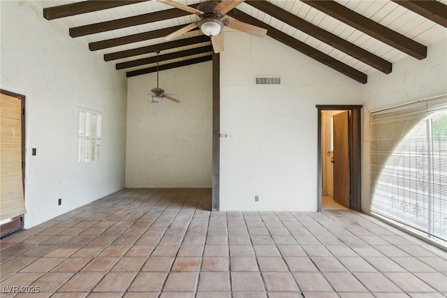 empty room with a ceiling fan, beamed ceiling, visible vents, and high vaulted ceiling