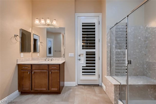7418 Lawrence Powers Ct, Las Vegas, NV 89129 - full bathroom featuring vanity, tile patterned floors, a stall shower, and baseboards