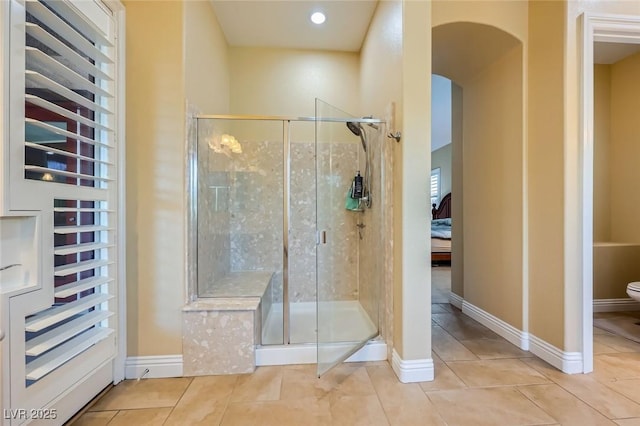 7418 Lawrence Powers Ct, Las Vegas, NV 89129 - full bathroom featuring a shower stall, tile patterned floors, toilet, and recessed lighting