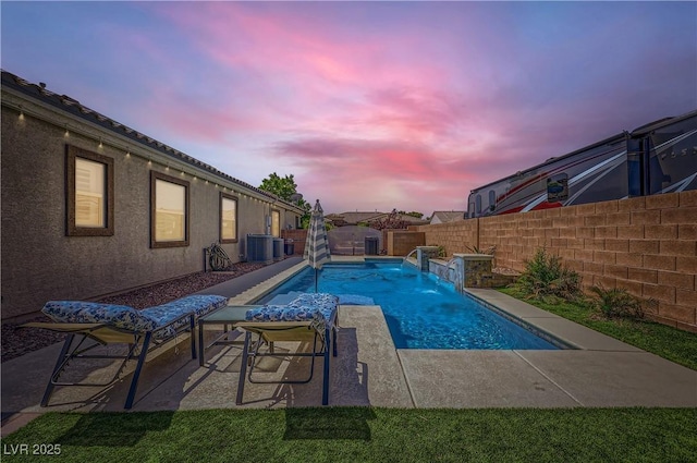 7418 Lawrence Powers Ct, Las Vegas, NV 89129 - pool at dusk featuring a fenced backyard, central AC unit, and a patio area