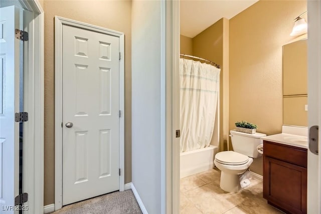bathroom featuring vanity, toilet, shower / bathtub combination with curtain, and tile patterned flooring
