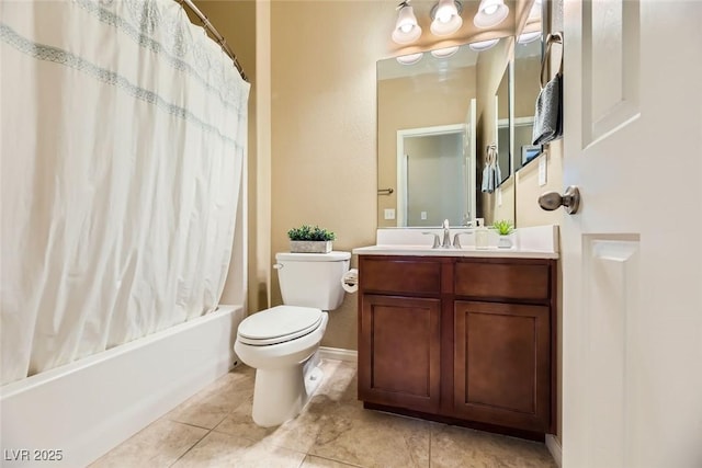 full bathroom featuring vanity, toilet, shower / tub combo, and tile patterned flooring