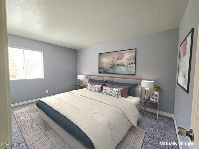carpeted bedroom featuring a textured ceiling and baseboards