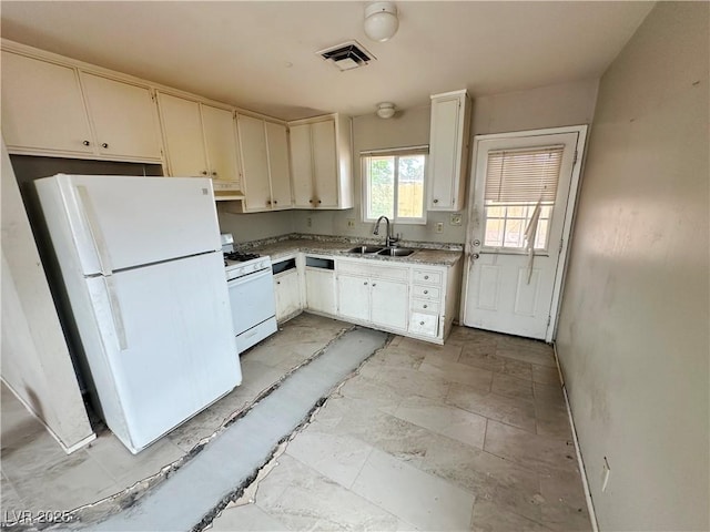 1004 Stone River Dr, North Las Vegas, NV 89030 - kitchen with white appliances, a sink, under cabinet range hood, and light countertops