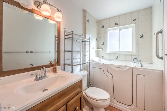 bathroom with toilet, a garden tub, and vanity