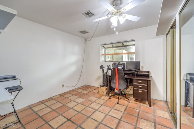 office with a ceiling fan and visible vents