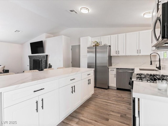 kitchen with stainless steel appliances, lofted ceiling, a sink, light stone counters, and white cabinetry
