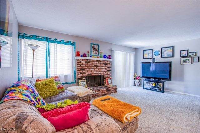 3249 Dayflower St Unit C, Las Vegas, NV 89121 - living room featuring baseboards, a brick fireplace, and carpet floors