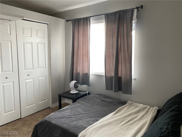 bedroom with carpet flooring, a closet, a textured wall, and multiple windows