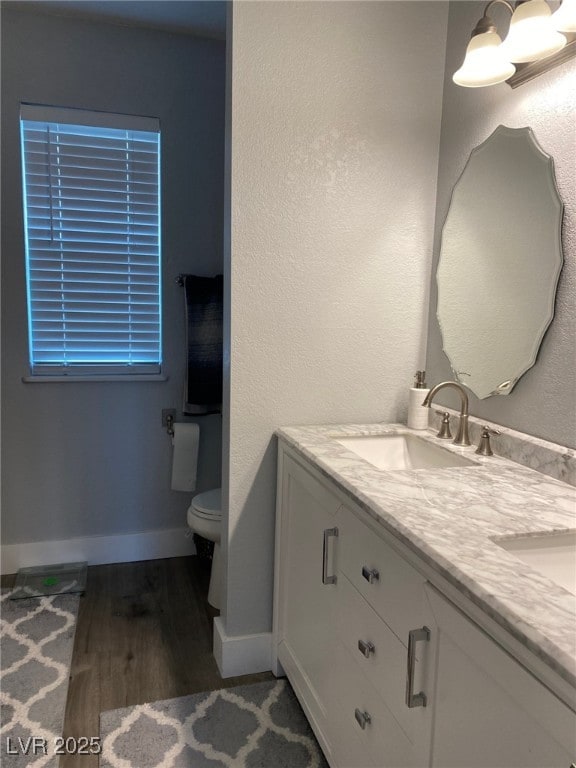bathroom featuring toilet, baseboards, a sink, double vanity, and wood finished floors