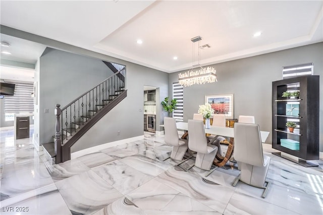 dining area featuring stairs, a notable chandelier, recessed lighting, and visible vents