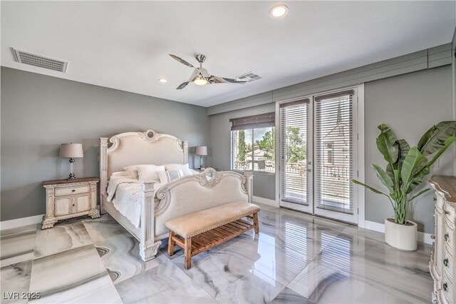 bedroom with ceiling fan, baseboards, visible vents, and access to exterior