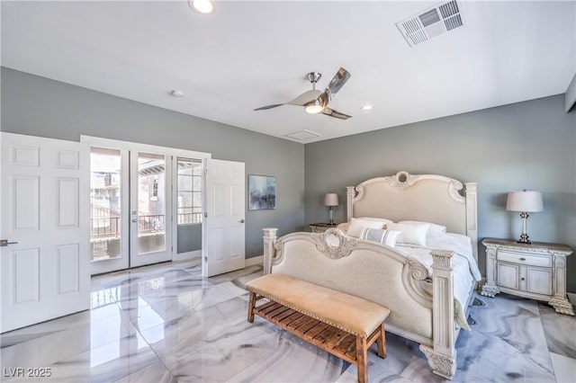 bedroom featuring french doors, recessed lighting, marble finish floor, visible vents, and access to exterior