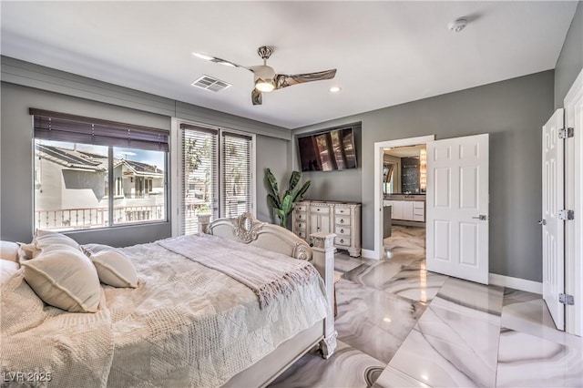 bedroom featuring light marble finish floors, baseboards, recessed lighting, and a ceiling fan
