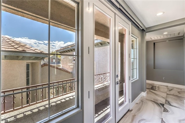 entryway with french doors, recessed lighting, baseboards, marble finish floor, and visible vents