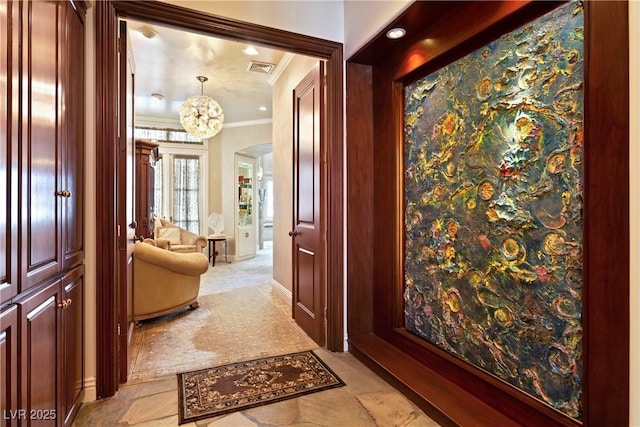 35 Ventana Canyon Dr, Las Vegas, NV 89113 - hall featuring a notable chandelier, baseboards, ornamental molding, visible vents, and arched walkways