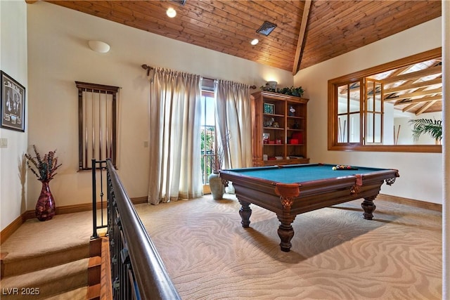 35 Ventana Canyon Dr, Las Vegas, NV 89113 - game room with visible vents, wooden ceiling, carpet flooring, billiards, and baseboards