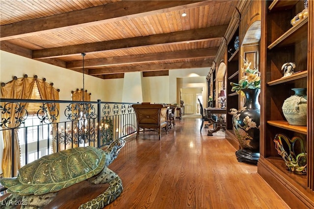 35 Ventana Canyon Dr, Las Vegas, NV 89113 - corridor with an inviting chandelier, wood finished floors, wood ceiling, and beam ceiling