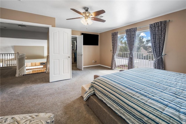 carpeted bedroom featuring baseboards, visible vents, a ceiling fan, and access to exterior