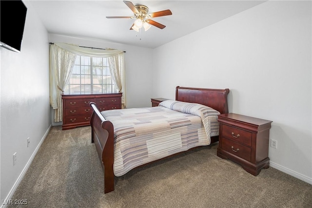 carpeted bedroom with baseboards and ceiling fan