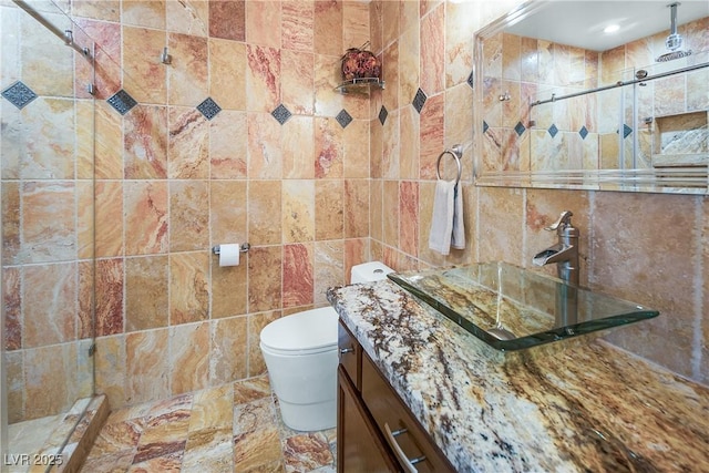 full bathroom with vanity, toilet, tile walls, and a shower stall