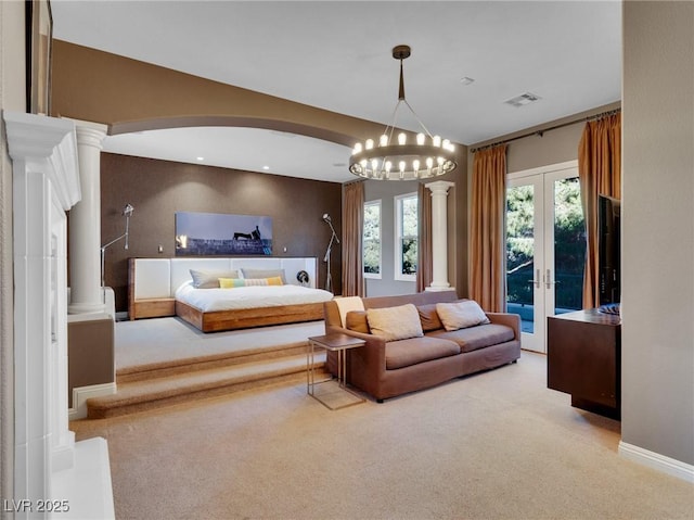 12056 Royal Dolnoch Ct, Las Vegas, NV 89141 - carpeted bedroom featuring access to outside, french doors, decorative columns, visible vents, and a chandelier