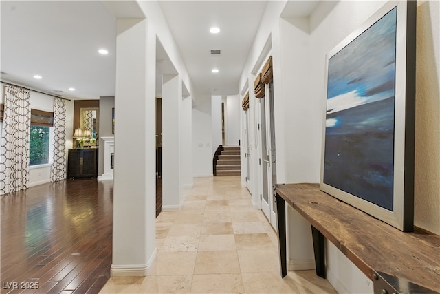 12056 Royal Dolnoch Ct, Las Vegas, NV 89141 - hall featuring stairs, recessed lighting, and visible vents