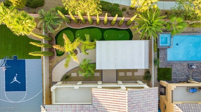 aerial view of a pool area