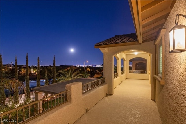 view of balcony at night