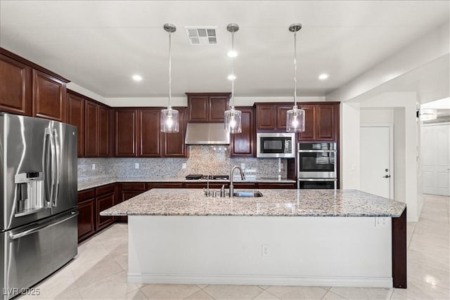 kitchen with a sink, stainless steel appliances, a kitchen island with sink, visible vents, and under cabinet range hood