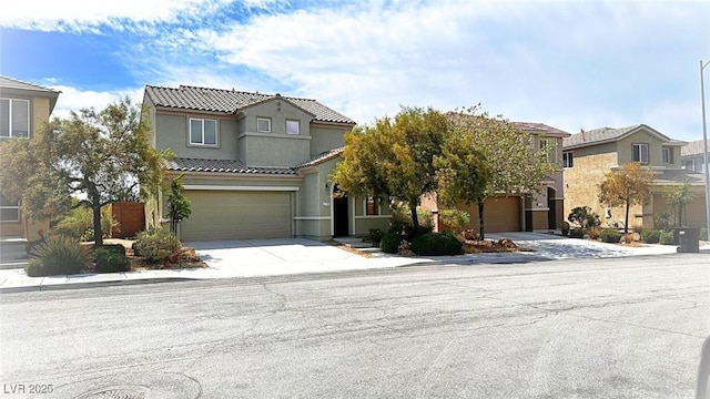 view of front facade featuring a garage, stucco siding, a residential view, a tile roof, and concrete driveway