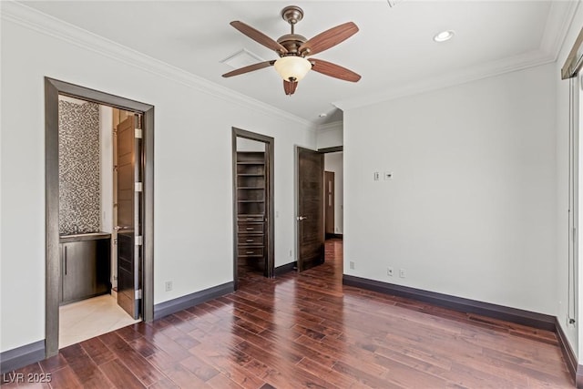9501 Balatta Canyon Ct, Las Vegas, NV 89144 - unfurnished bedroom featuring recessed lighting, baseboards, ceiling fan, crown molding, and wood finished floors