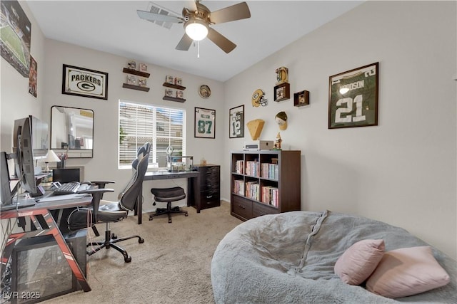 office with ceiling fan and carpet floors