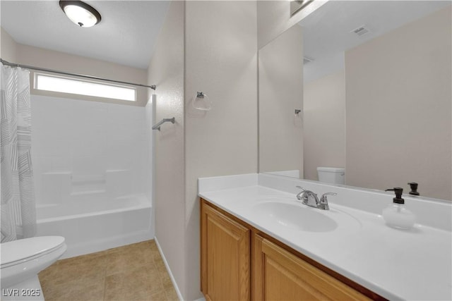full bath with toilet, visible vents, tile patterned floors, vanity, and shower / bathtub combination with curtain