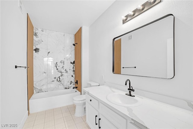 full bath featuring toilet, vanity, shower / washtub combination, and tile patterned flooring