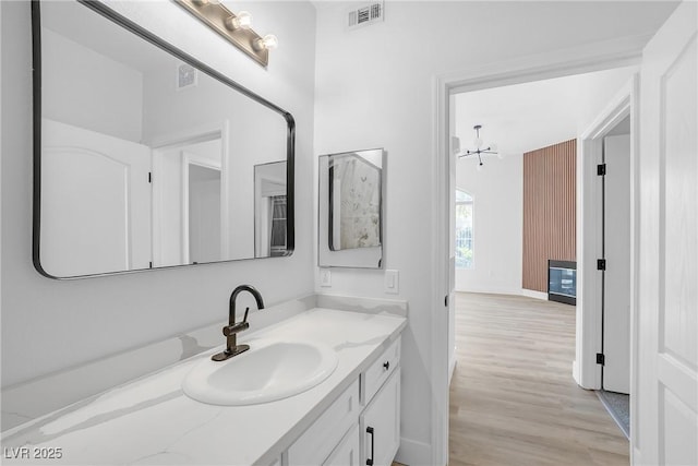 bathroom with wood finished floors and vanity